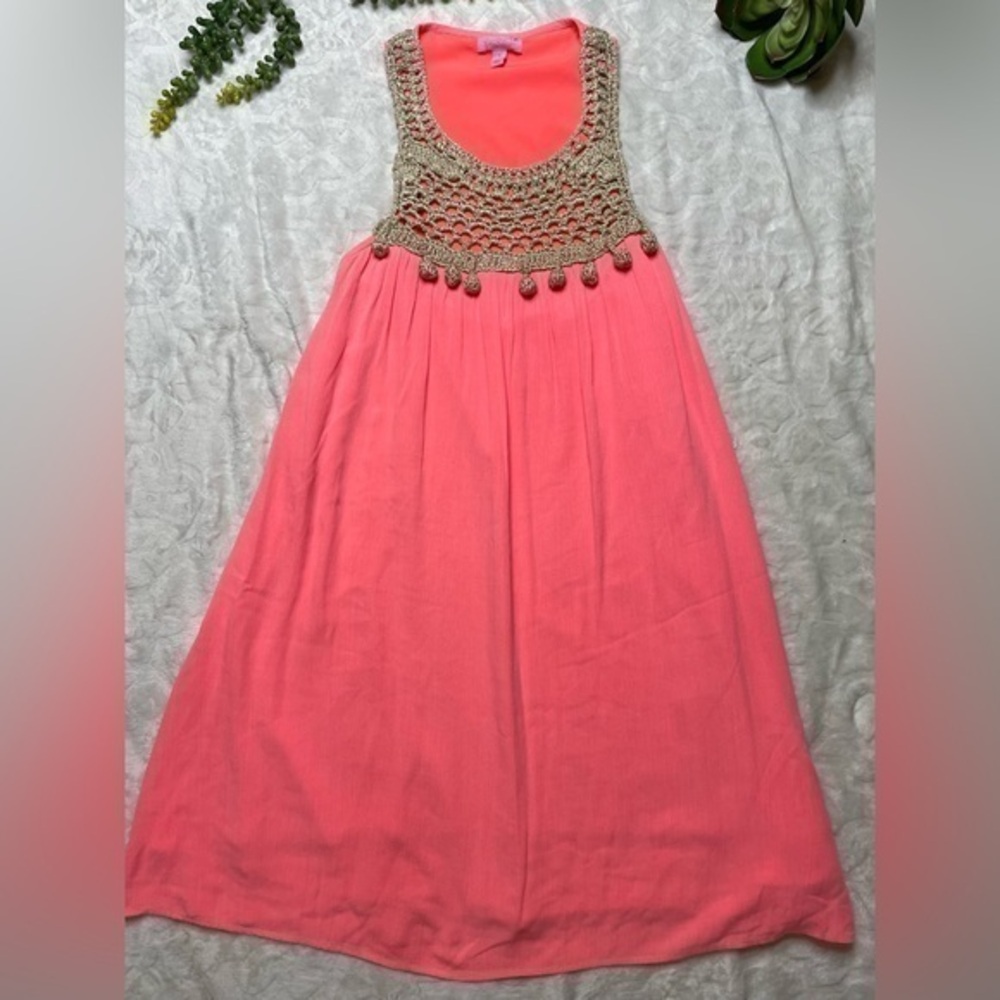Lilly Pulitzer Rachelle Coral Gold Racerback Pom Pom Swing Dress Size Small - Picture 1 of 15